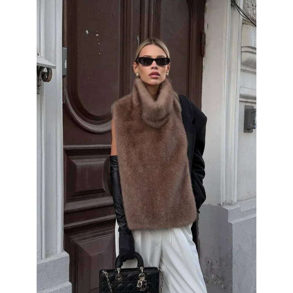 Fashion Faux Fur Vest Crop Top Women Elegant Solid Turtleneck Fluffy Short Tank Tops 2025 Winter Female Sleeveless Jacket Coat