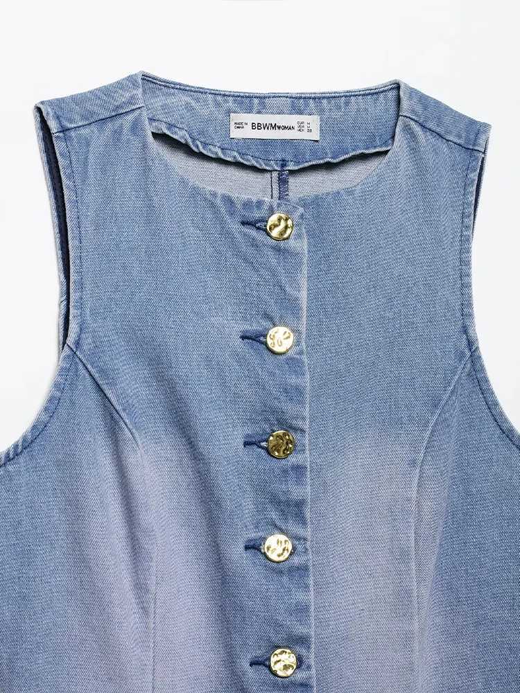 European and American style summer new products womens denim sleeveless round neck vest waistcoat midwaist trousers J251031