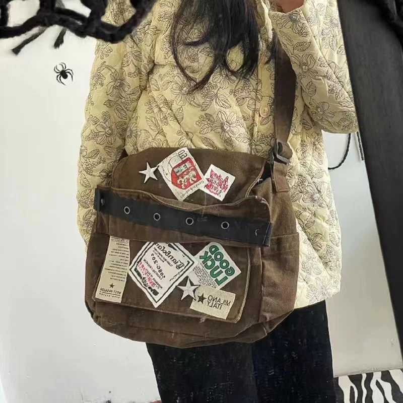 Y2k Vintage Canvas Messenger Bag Casual Preppy Crossbody Punk Patchwork Star Patch Shoulder American Fashion Retro Women Handbag W251031