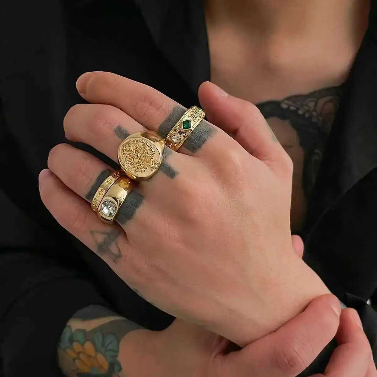 IngeSightZ 4PcsSet Rhinestone Open Adjustable Rings Finger Men Punk Gold Color Geometric Finger Rings Jewelry Gifts 2025XJ251031