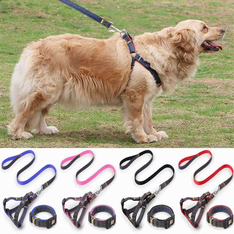 Pet Dog Collar Leash Harness Suit Adjustable Durable Leashes Pet Harnesses Wearresistant Denim Leash Outdoor Dog Walking Leash C251031