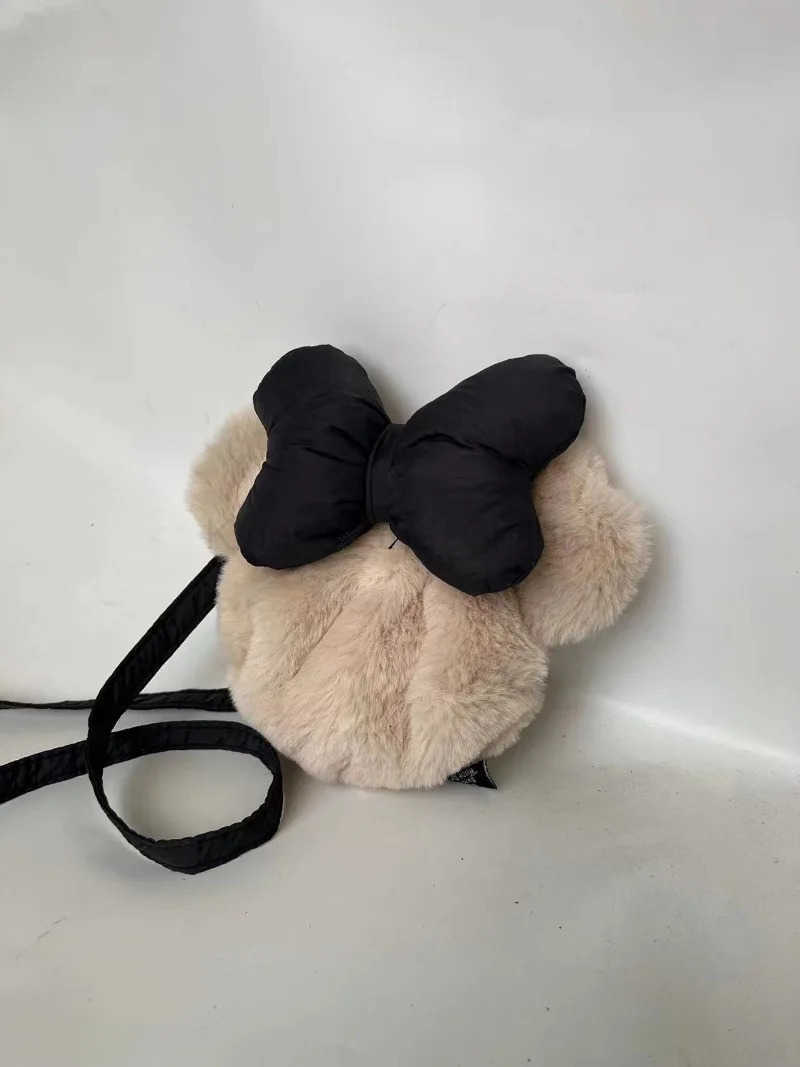 Disney Winter New Minnie Khaki Plush Shoulder Bag Bow Mini Children Toddler Soft Crossbody Bag Girls Cute Small Bag H251031