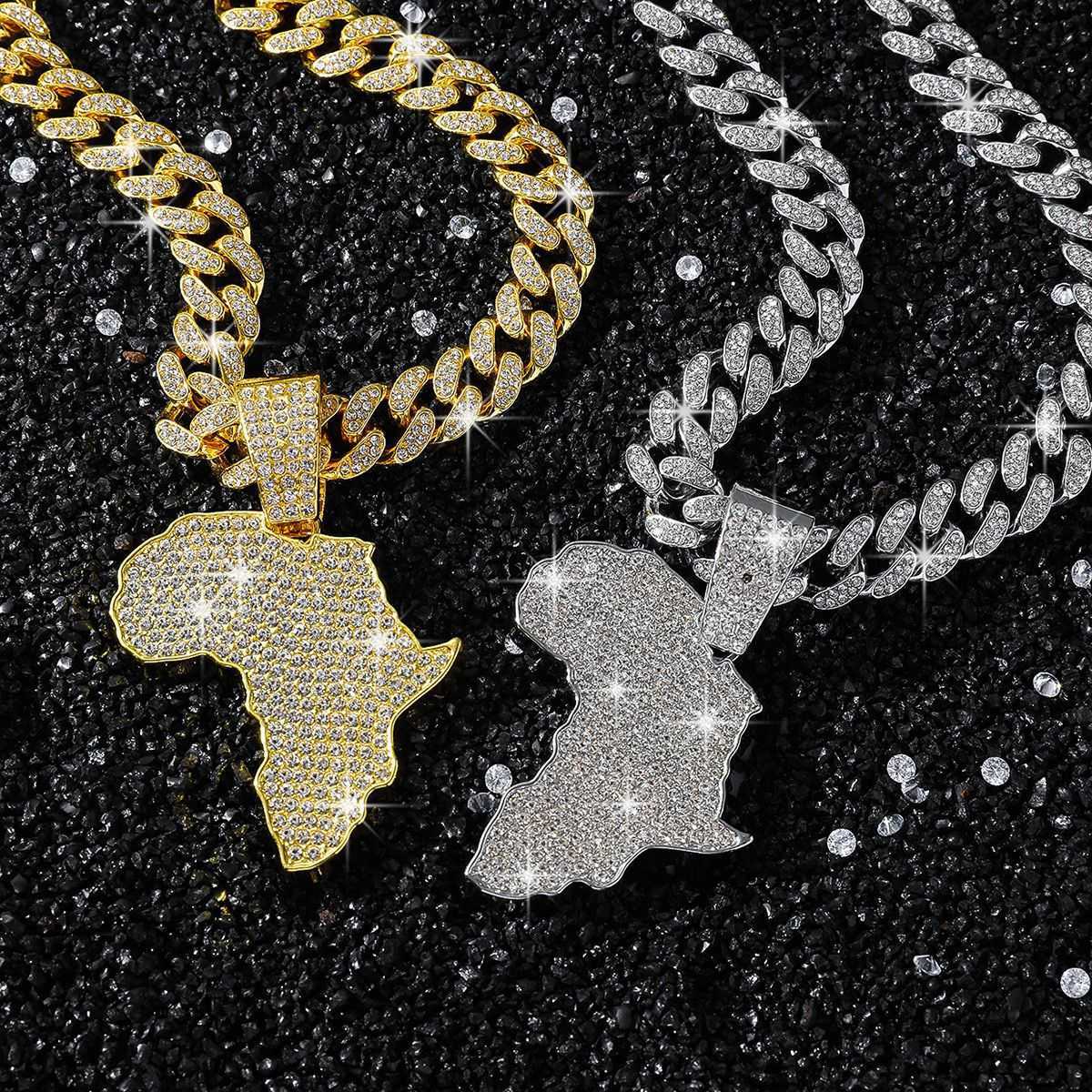 Mens and Womens Hip Hop Ice Out Africa Sparkling Map Pendant Necklace with 13mm Cuban Chain Hip Hop Necklace Fashionable Charm Jewelry Y250329
