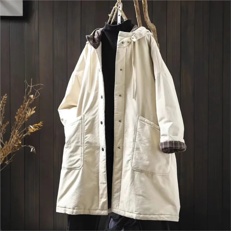 Johnature Women Vintage Hooded Warm Winter Parkas Solid Color Button Pockets Coats 2025 Plus Cotton Soft Chinese Style y251030