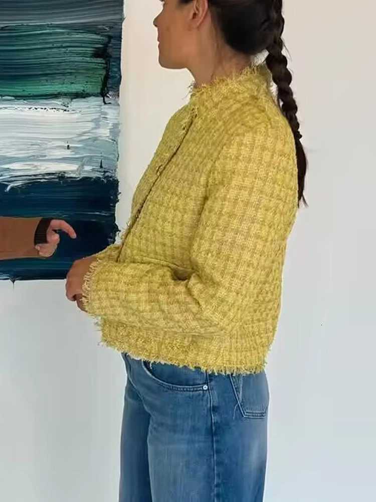 HH Fashion Women Yellow Tweed Jackets Slim Single Breasted Long Sleeve Autumn Coats Female Small Fragrant Style Outerwear Y251105