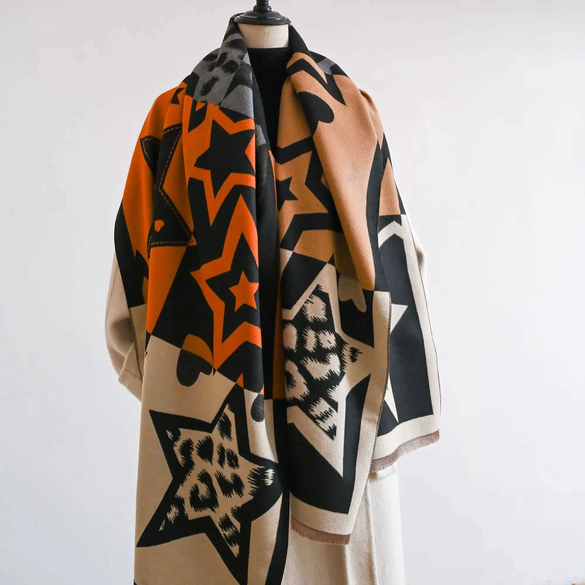 2025 Luxury Star TwoSided Scarf For Women Warmer Winter Cashmere Scarves Shawls Female Thick Blanket Wraps Foulard C251031