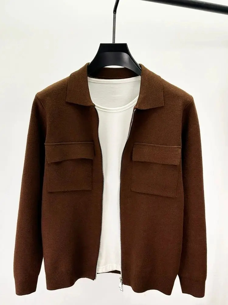 Premium Zipper Collar Wool Cardigan Mens Casual Coat AutumnWinter y Pocket n Solid Color Warm Sweater Jacket 251029