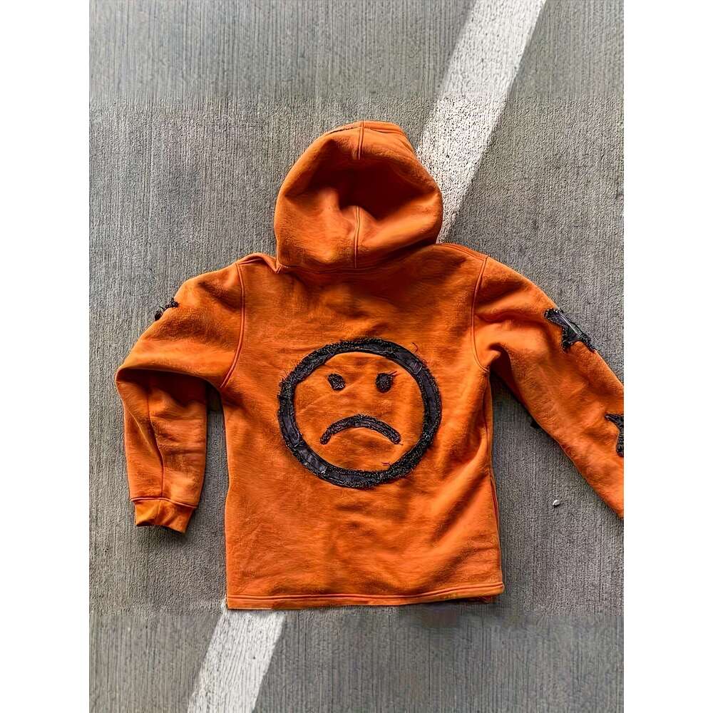 Y2k Retro Hip Hop Zip Hoodie Distressed Joyful Face Graphic, Full-Zip Closure, Loose Streetwear Jacket, A-Line Silhouette & Split Hem Vibrant Orange B