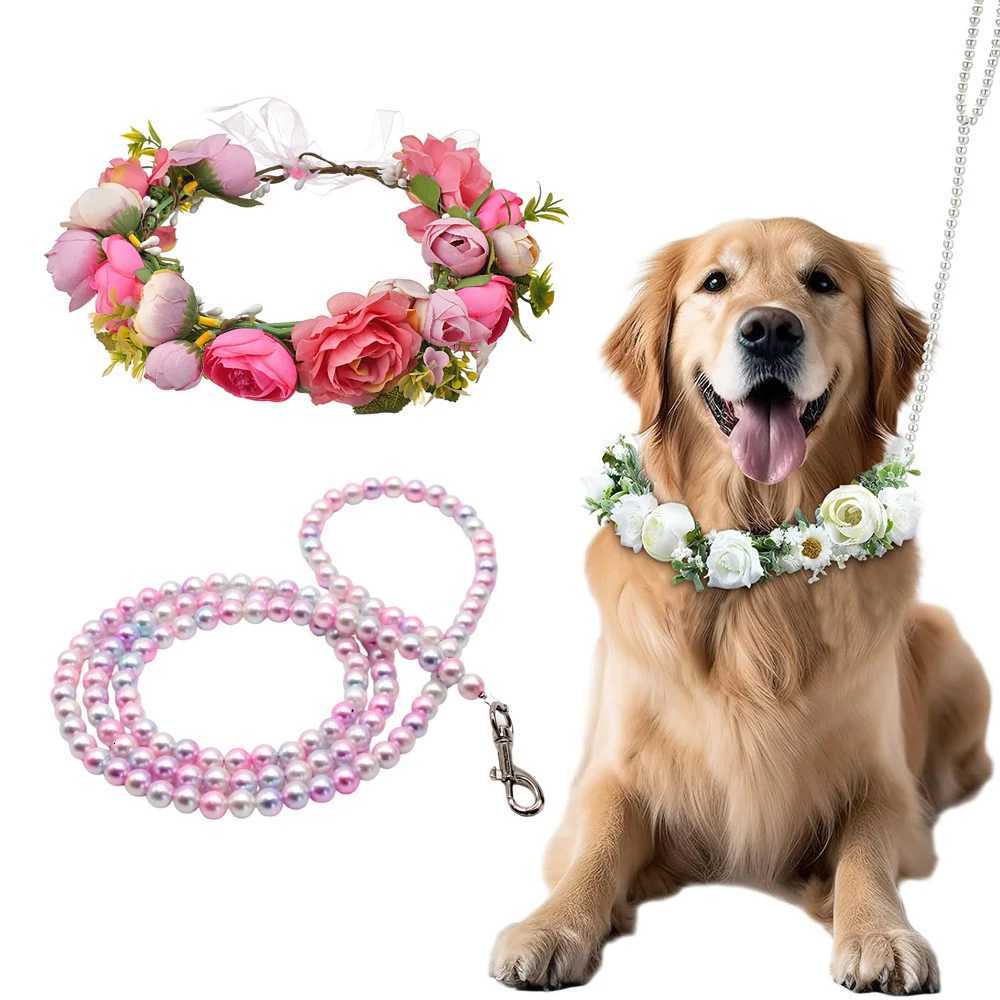 Dog Flower Collar and Leash Set for Large Dogs Pearls Beaded Dog Leash Collar Bows for Wedding Attire Wreath Pet Photo Prop C251031