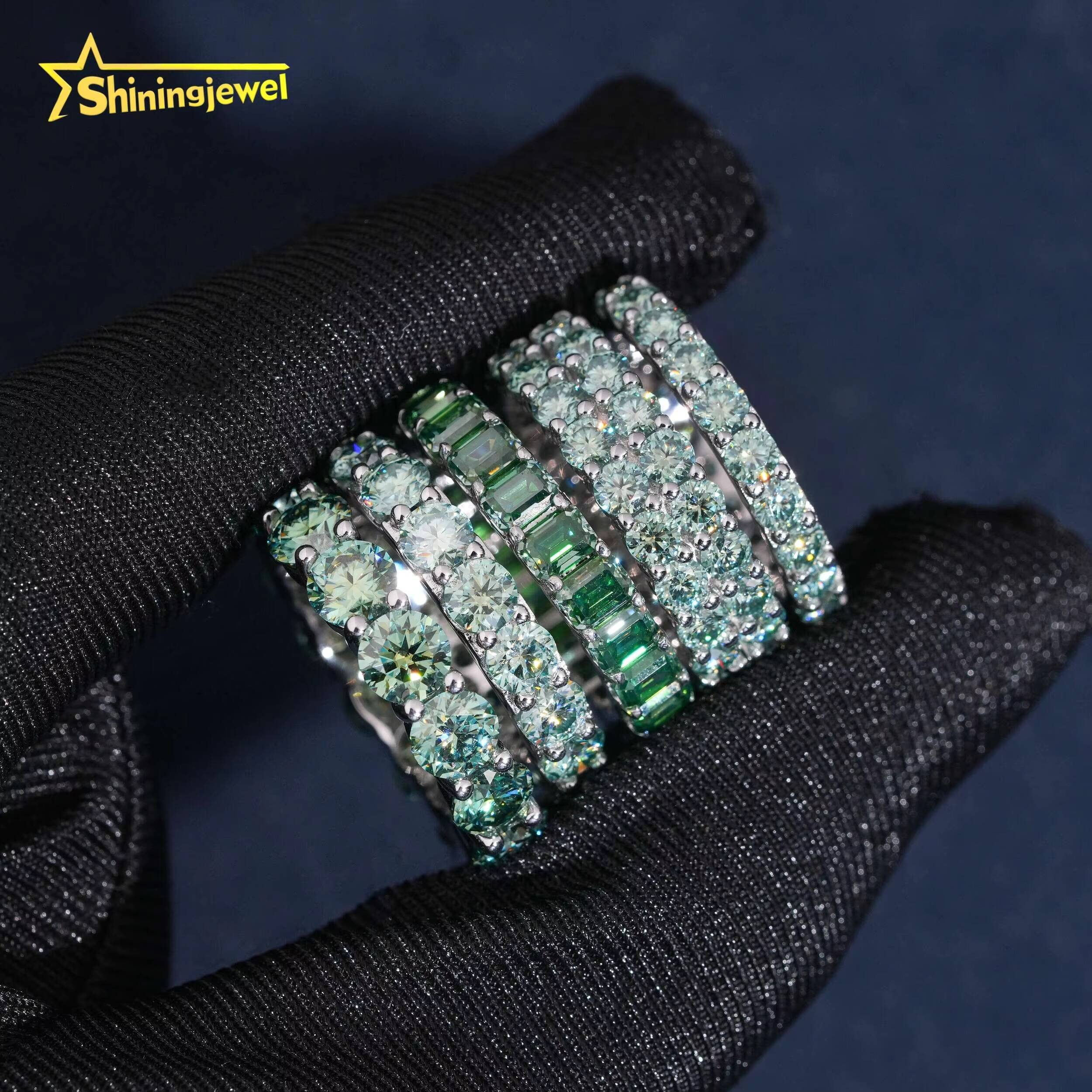 Multiple Options Blue Green Moissanite Eternity Ring Band Ring Emerald Cut Ring Moissanite 925 Unisex Hip Hop Fine Jewelry