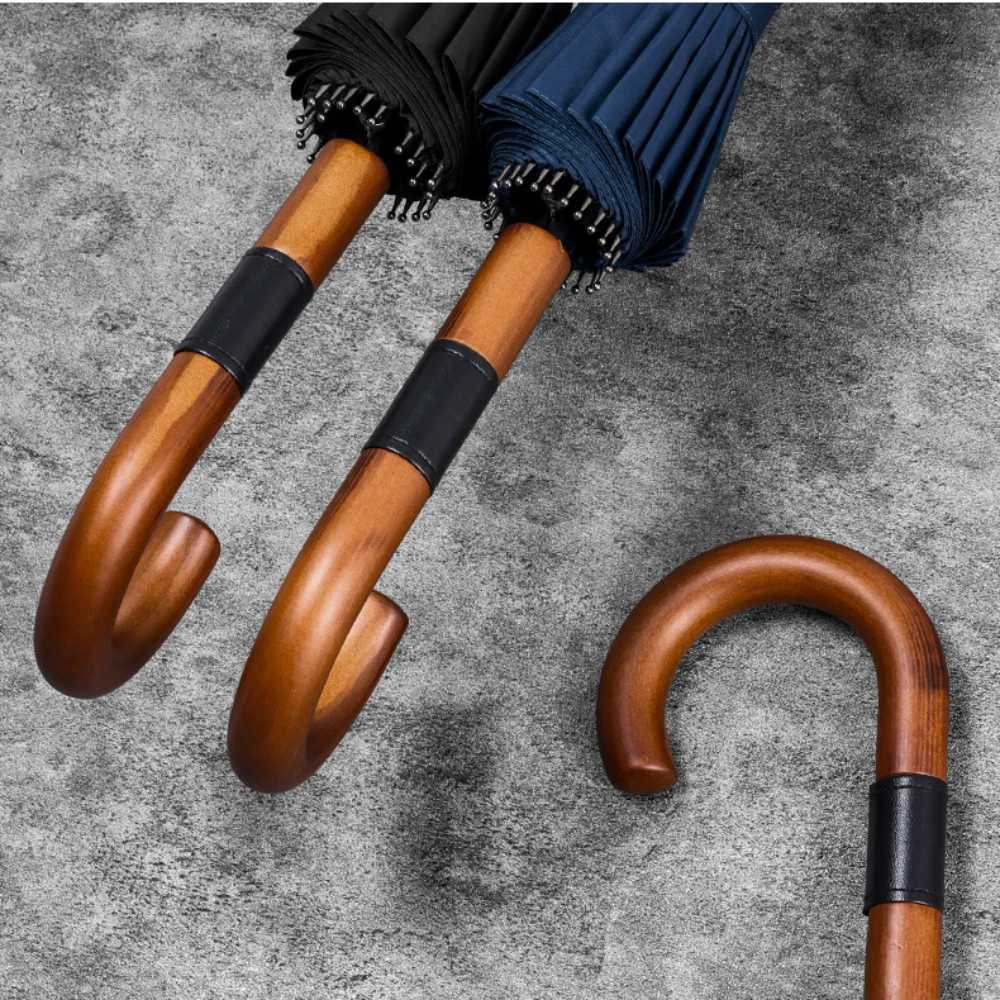 Long Handle Umbrella Large Autatic Umbrellas 24Bone Solid Wood Handle Sturdy Wind Resistant Reinforcement Rainstorm Umbrella H251031