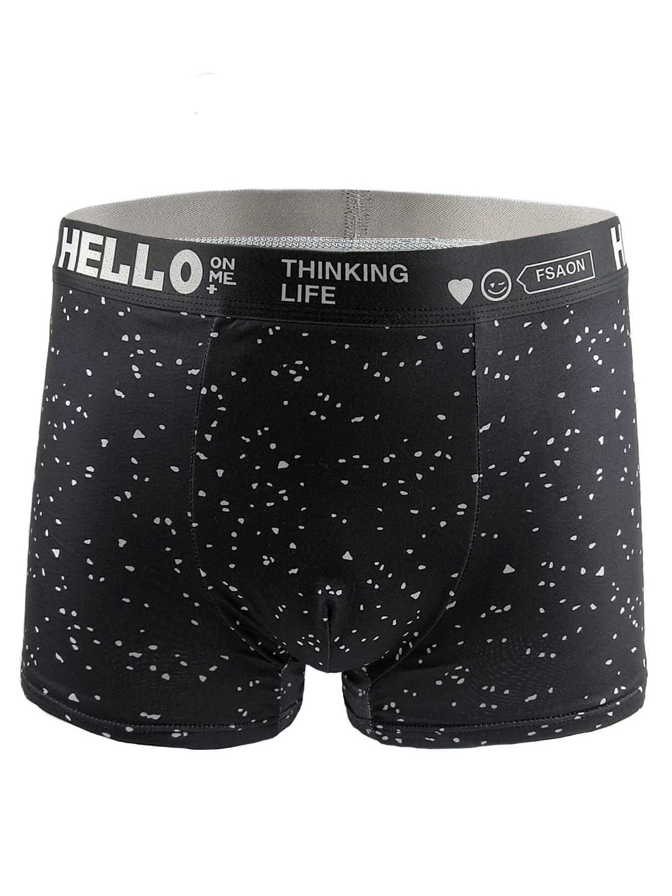 Mens 4Pack Polyester Boxer Briefs HELLO Printed Waistband with THINKING LIFE Cute Icons Stylish Speckled PatternT251031