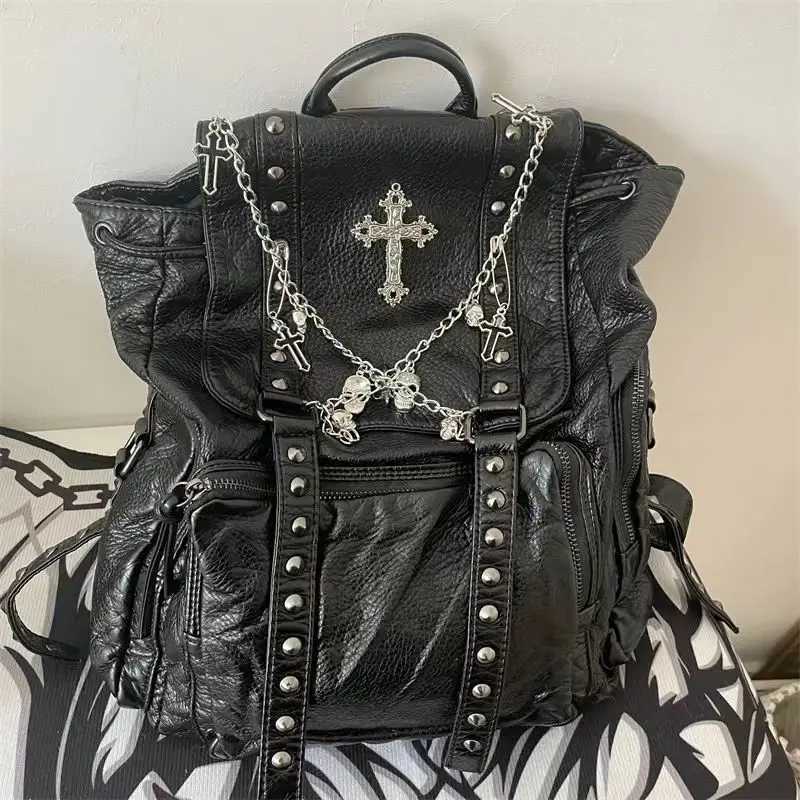 Grunge Rivet black Y2k Backpack Women Gothic Subculture Punk Cross Black Mochila Ladies Vintage Harajuku Backpacks Aesthetic W251031