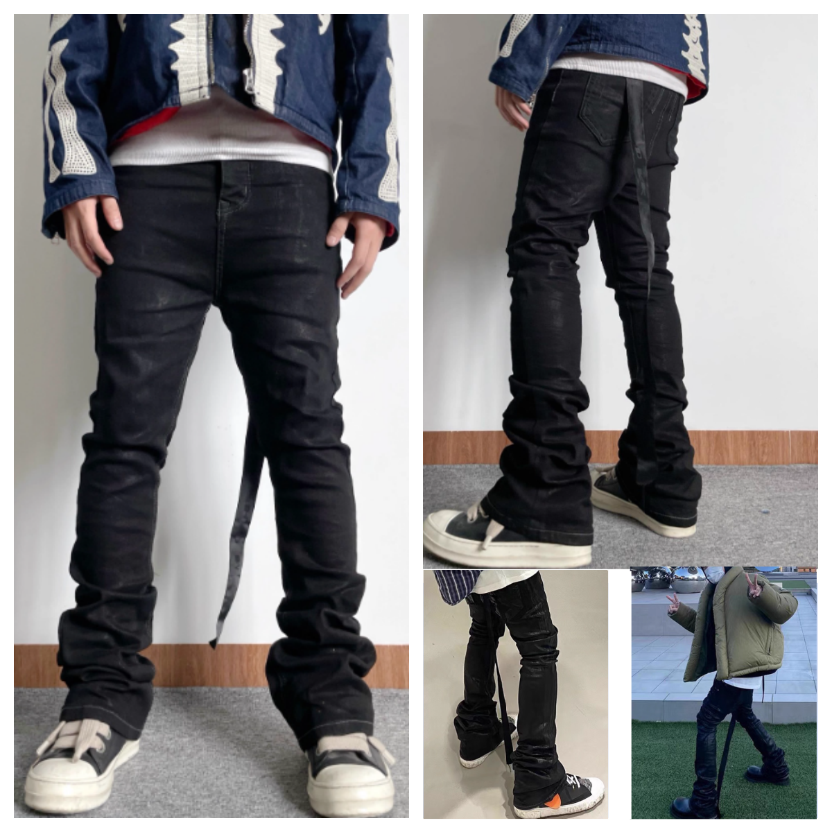 Dark Style Men's Jeans Hanrted Wax Coating Slim Fit Flared Youth Faion High Waist Button Closure Wear Resistant Long Pants For Teens