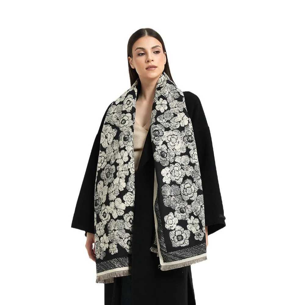 New Camellia Jacquard Imitation Cashmere Scarf Womens Short Tassel High Grade Black Scarf Shawl Sjaal Bufanda 4w931 C251031