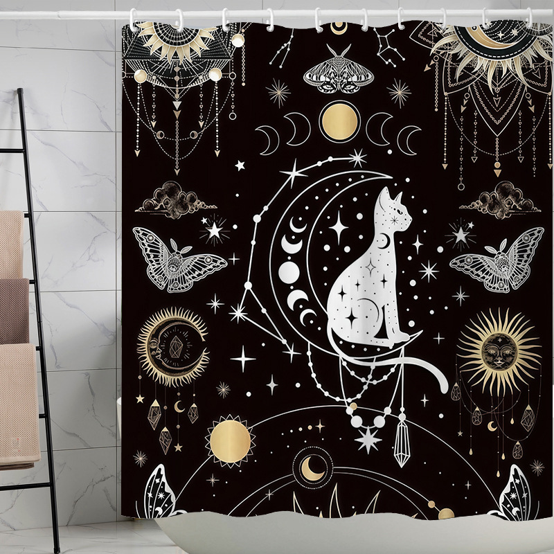 YL-37596 3D Digital Shower Curtain for Kitty Bathing, Bathroom Dry and Wet Separation, Polyester with Hooks, Isolation Curtain