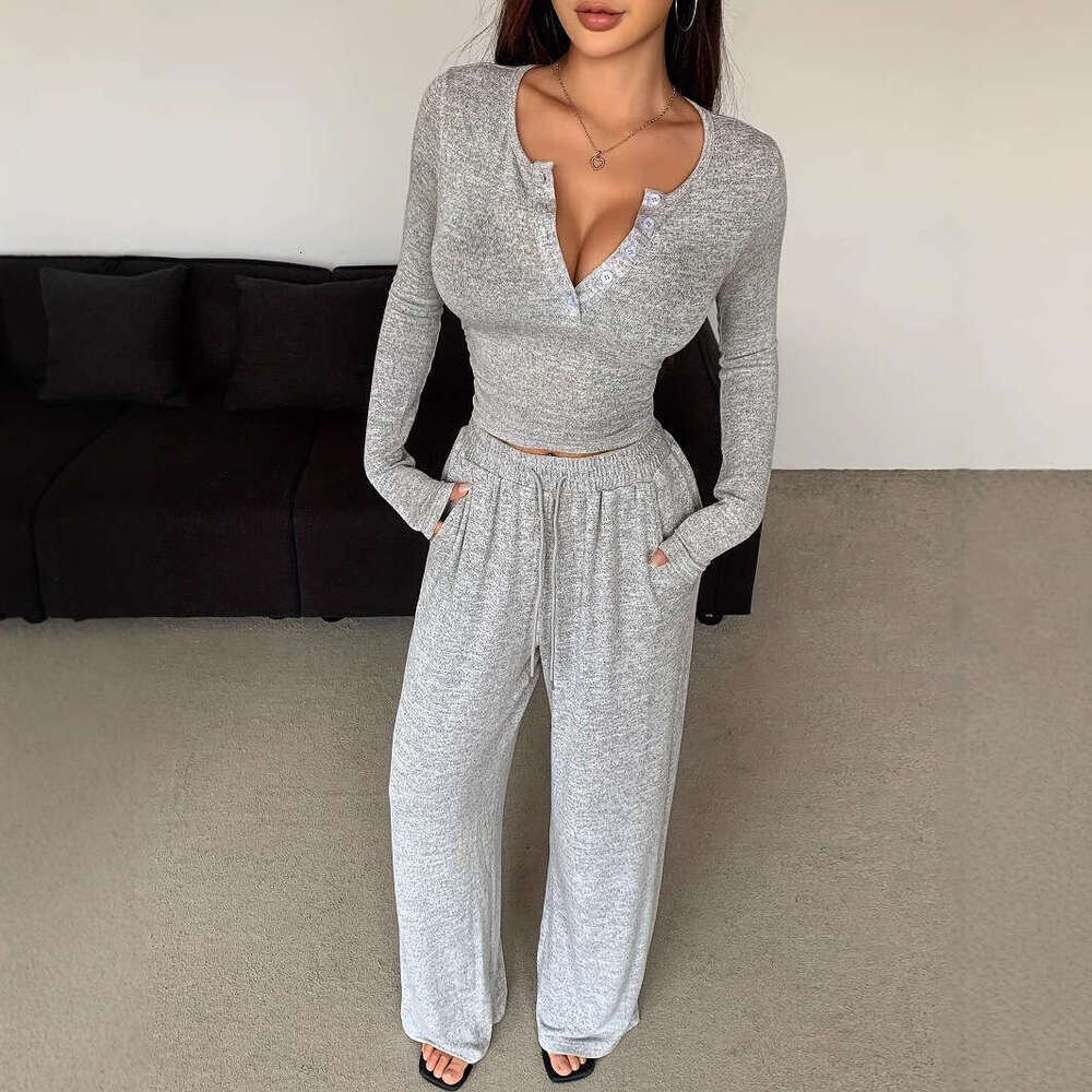 2025 European American Cross-Border Trade Autumn Sleeve Button-Up Solid Color Tight Top And Long Pants Two-Piece Set For Women 729C 79bb - view 5