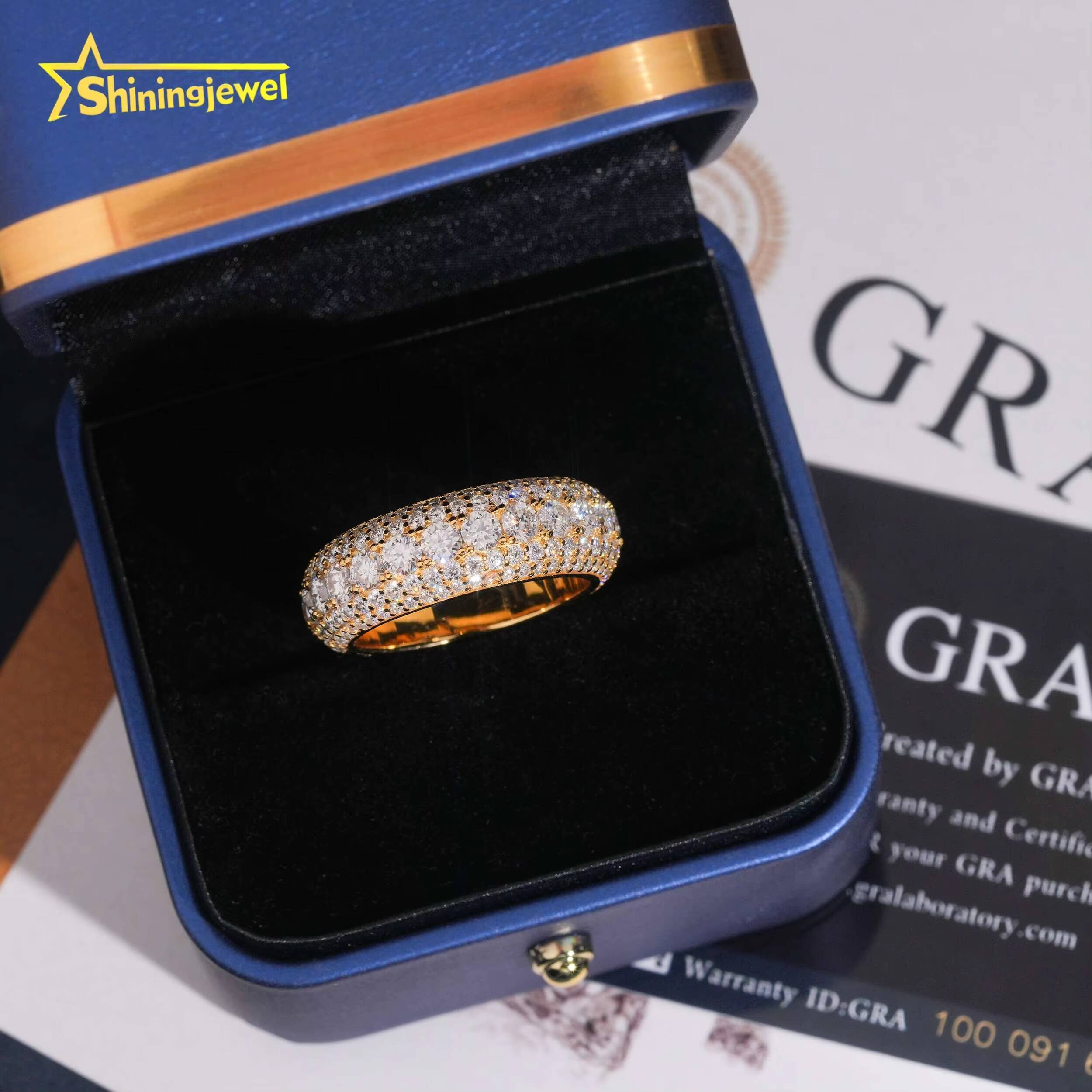 Fashion Gold Plated 5Rows Diamond Men Ring Iced Out Custom Hip Hop Style Jewelry 925 Sterling Silver VVS Moissanite Band Rings