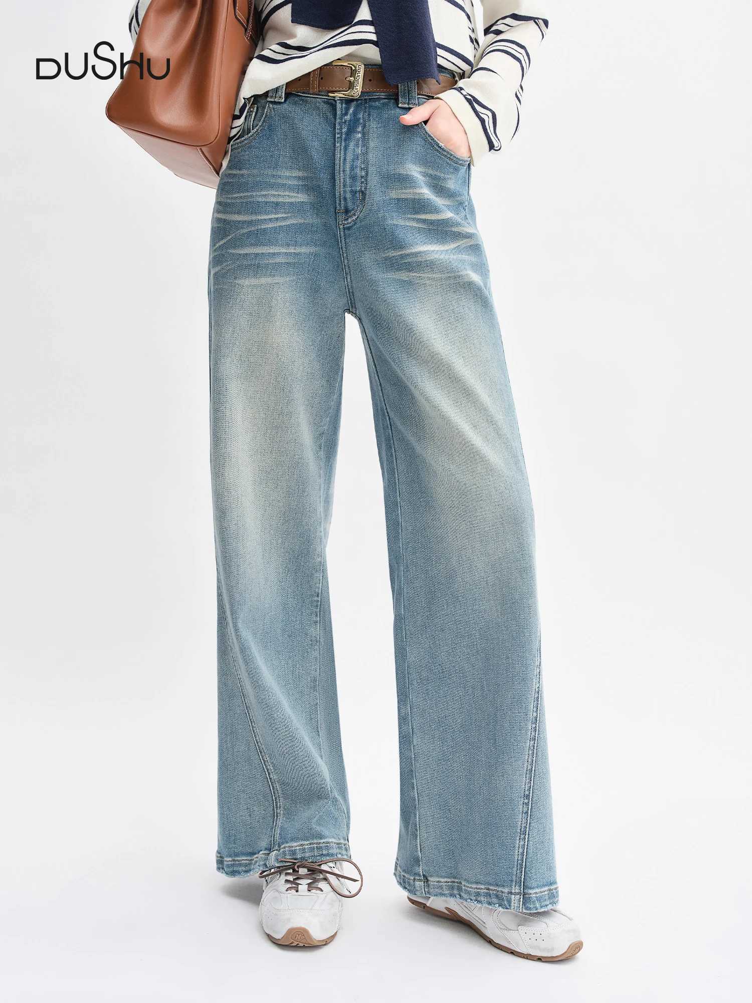 DUSHU Plus Size Design Sense Retro Washed Blue Straight Jeans High Waist Drape Slim Wide Leg Pants 2025 New Arrival 25DS83034 J251031