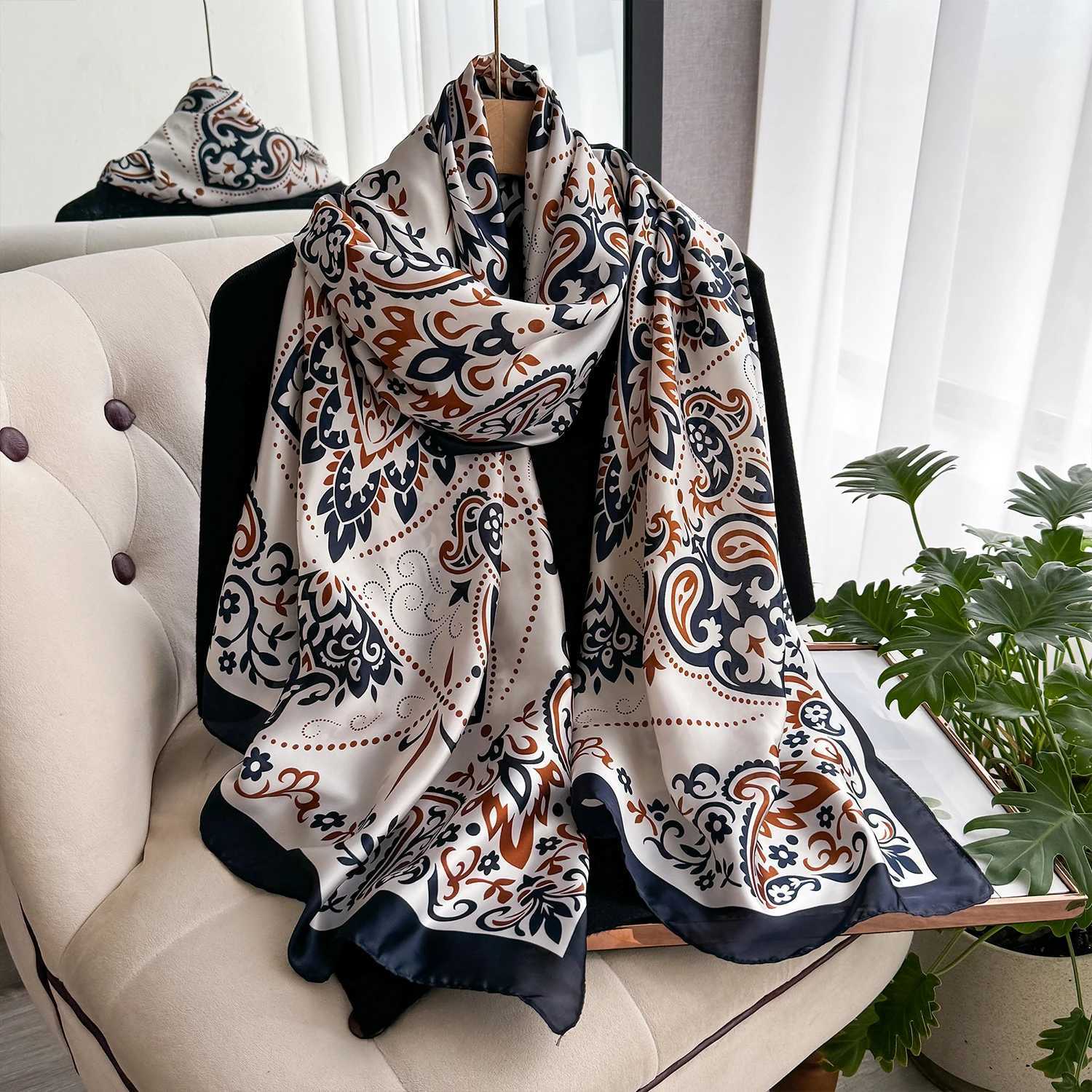 New Geometry Design Large Silk Soft Scarf Women Stylish Print Long Shawl Handkerchief Summer Sun protection Elegant Travel Wrap C251031