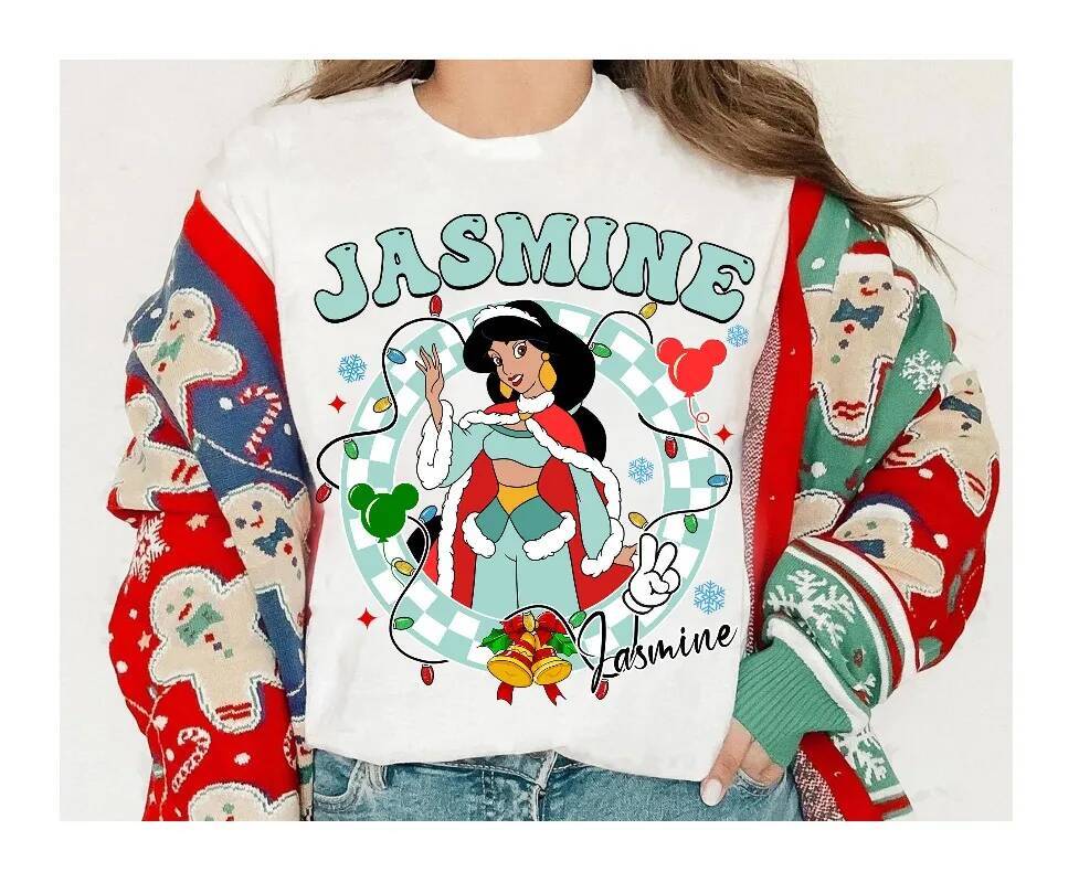 Christmas Lights Checkered Portrait T shirt Ariel Elsa Moana Jasmine Merida Tee Princess Xmas ddmytues