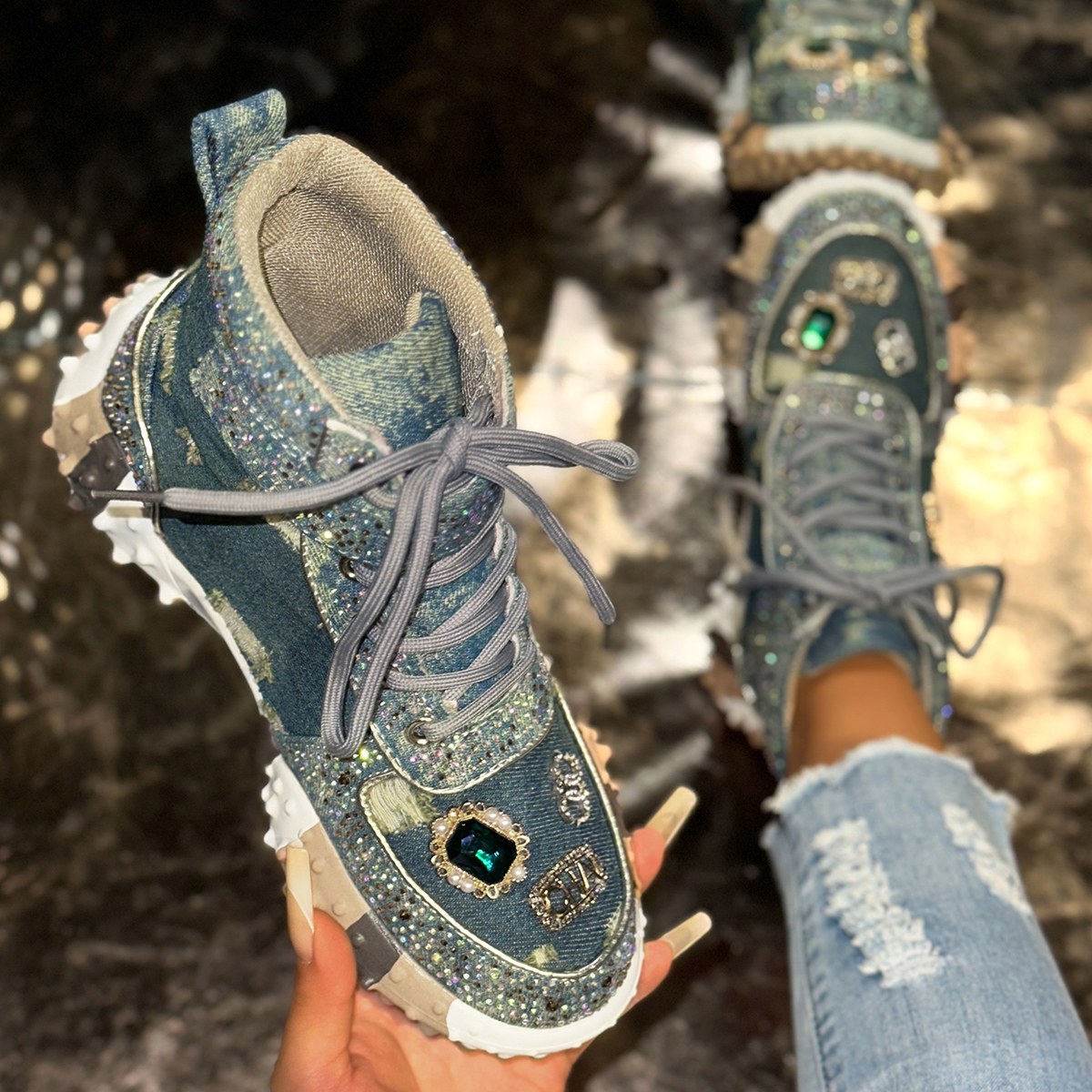 Women Rhinestone Casual Luxury Sneakers Diamond High-Top Designer Boots Thick Bottom Shoes Female Tennis Outdoors Walking Shoes Trendy Dad Shoes