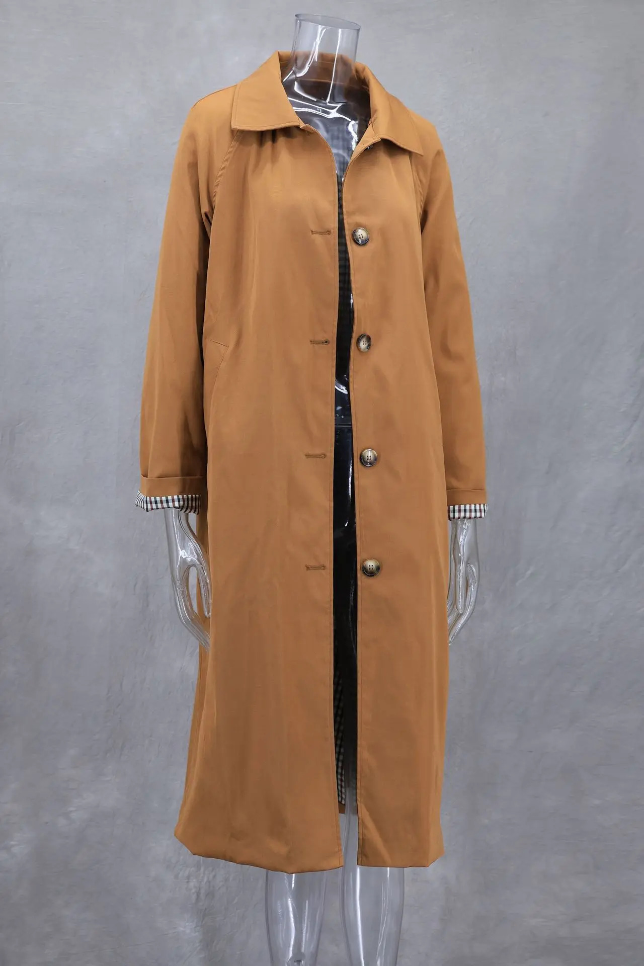 Women Casual Khaki Plaid Lined Lapel Trench Coats Autumn Single Breasted Loose Jacket Female Chic Overcoat Streetwear 251029