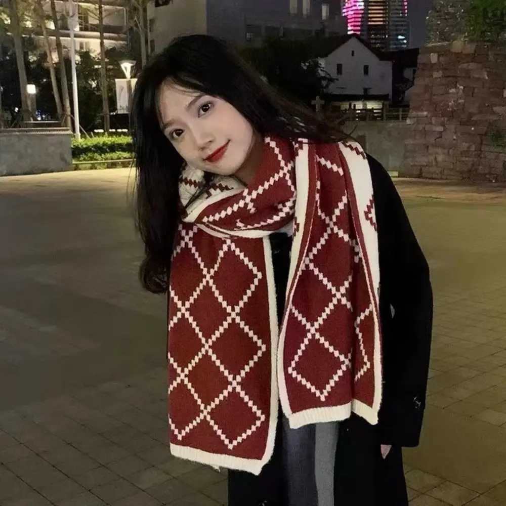 Vintage Plaid Knitted Scarf Vintage Wraps Thickened Neckerchief Winter Warm Women Scarf C251031
