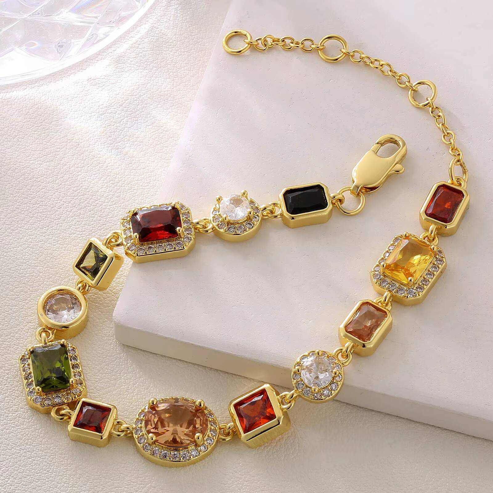 Retro Style Colorful Multi Shape Irregular Arrangement Charm Bracelet 18K Gold Plated Inlaid Zircon Trendy Gemstone Bracelet