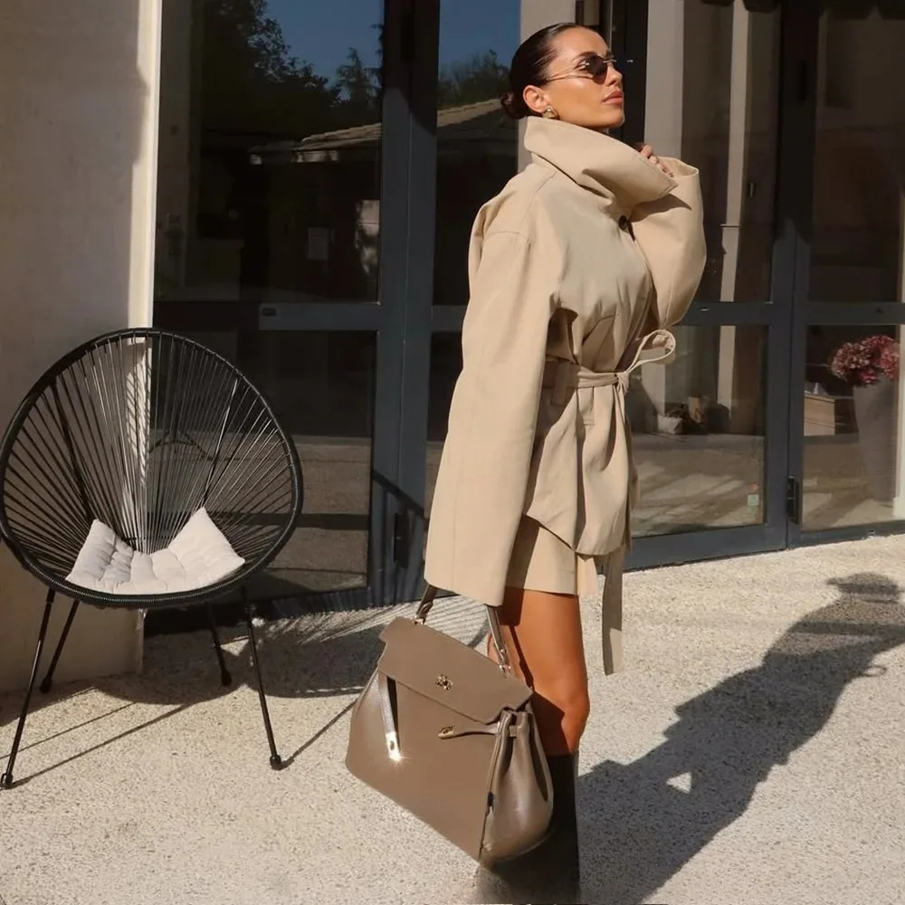 KONDALA Office Lady Khaki Suits Women Long Sleeve Sashes Button Trench Jakcets Wide Leg Button Shorts Fashion Autumn Suits 251031