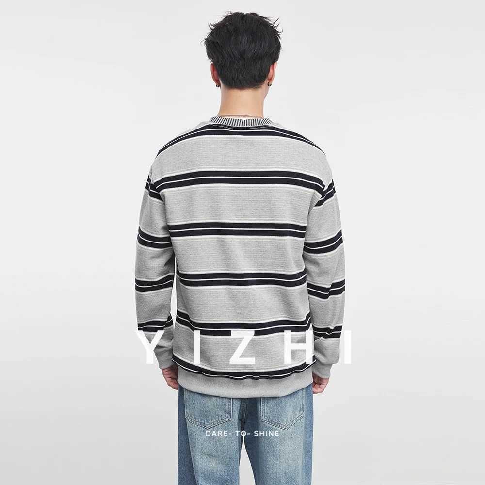 Fashion Mens Heavy Round Neck Striped Long Sleeve Sweatshirt 2025 Autumn and Winter Casual Loose Long Sleeve Top Mens Pullover J251021