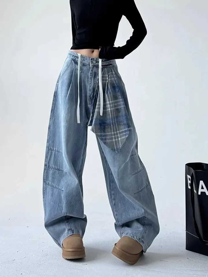 Vintage Streetwear Women Jeans Plaid Square Scarf Patchwork Wide Leg Denim Pants Loose Street Dance Lace Up High Waist Trouser J2510311