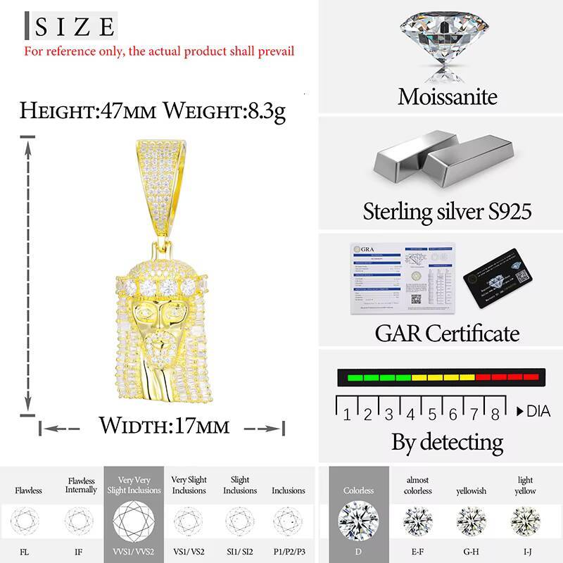 New Arrival 18K Gold Plated Rappers Jewelry 925 Sterling Silver Baguette VVS Moissanite Diamond Iced Out Jesus Piece Pendant