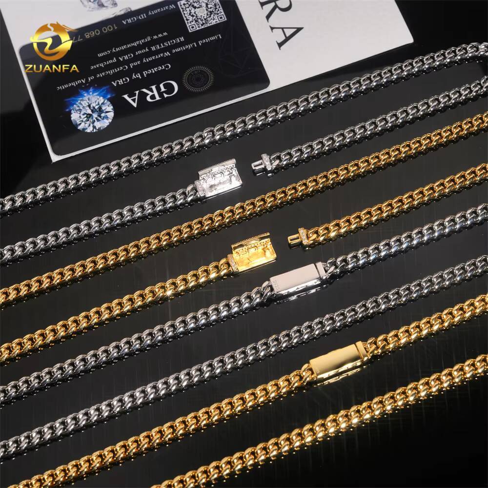 Ready to Ship 6mm 316L Stainless Steel Cuban Link Chain with Moissanite Clasp Gold Plated Men Hip Hop Cuban Chain