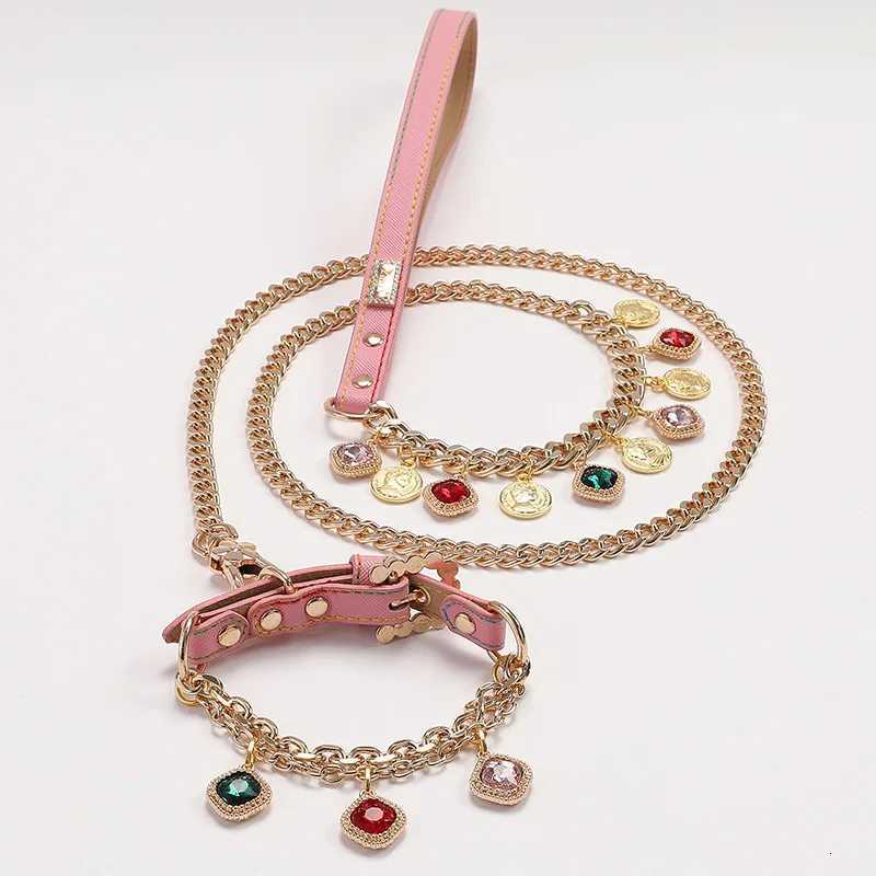 Diamond Studded Pet Collar for Small Dogs Cats Pink Nylon Leash with Buckle Sparkling Bling Necklace Safe Reflective Strap C251031