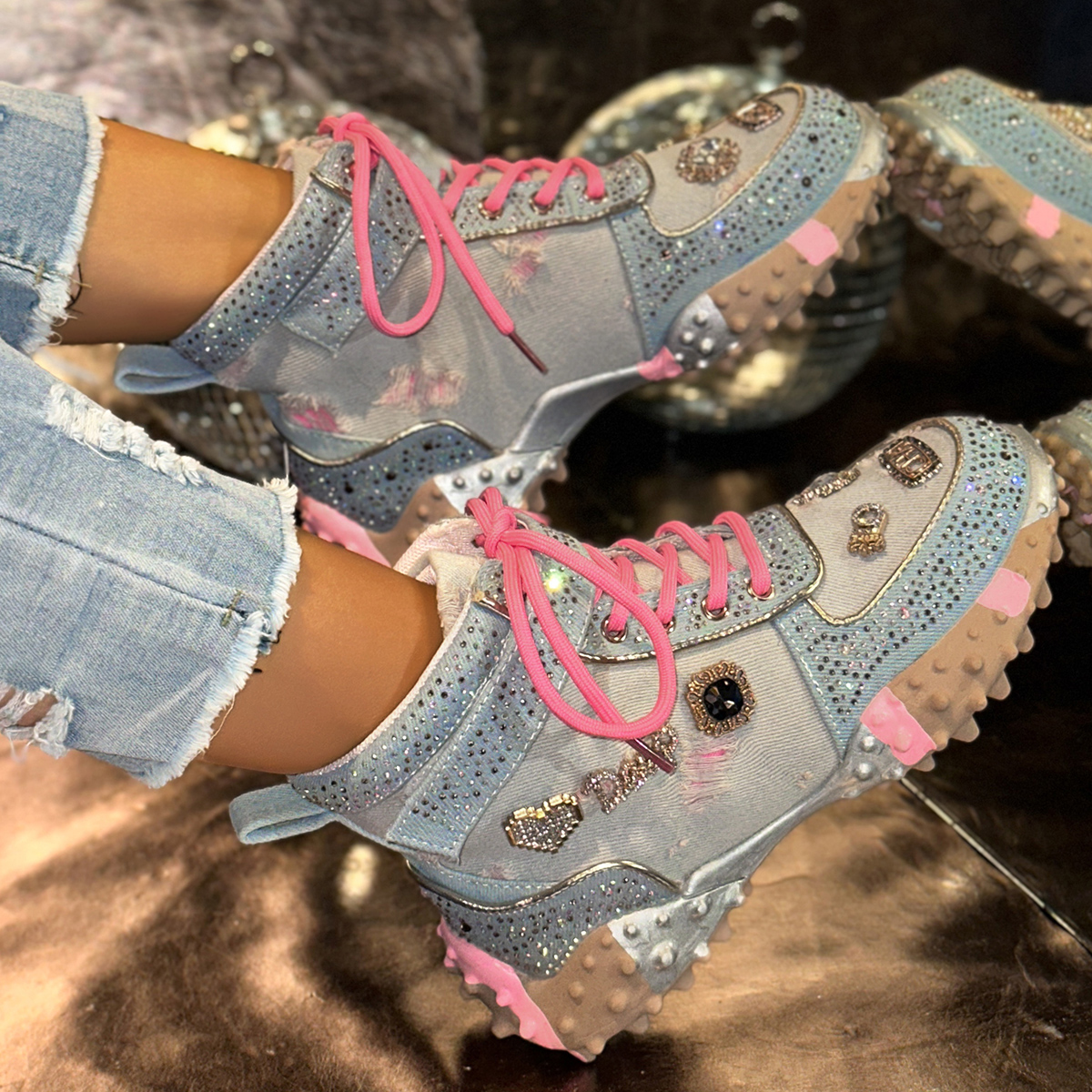Women Rhinestone Casual Luxury Sneakers Diamond High-Top Designer Boots Thick Bottom Shoes Female Tennis Outdoors Walking Shoes Trendy Dad Shoes