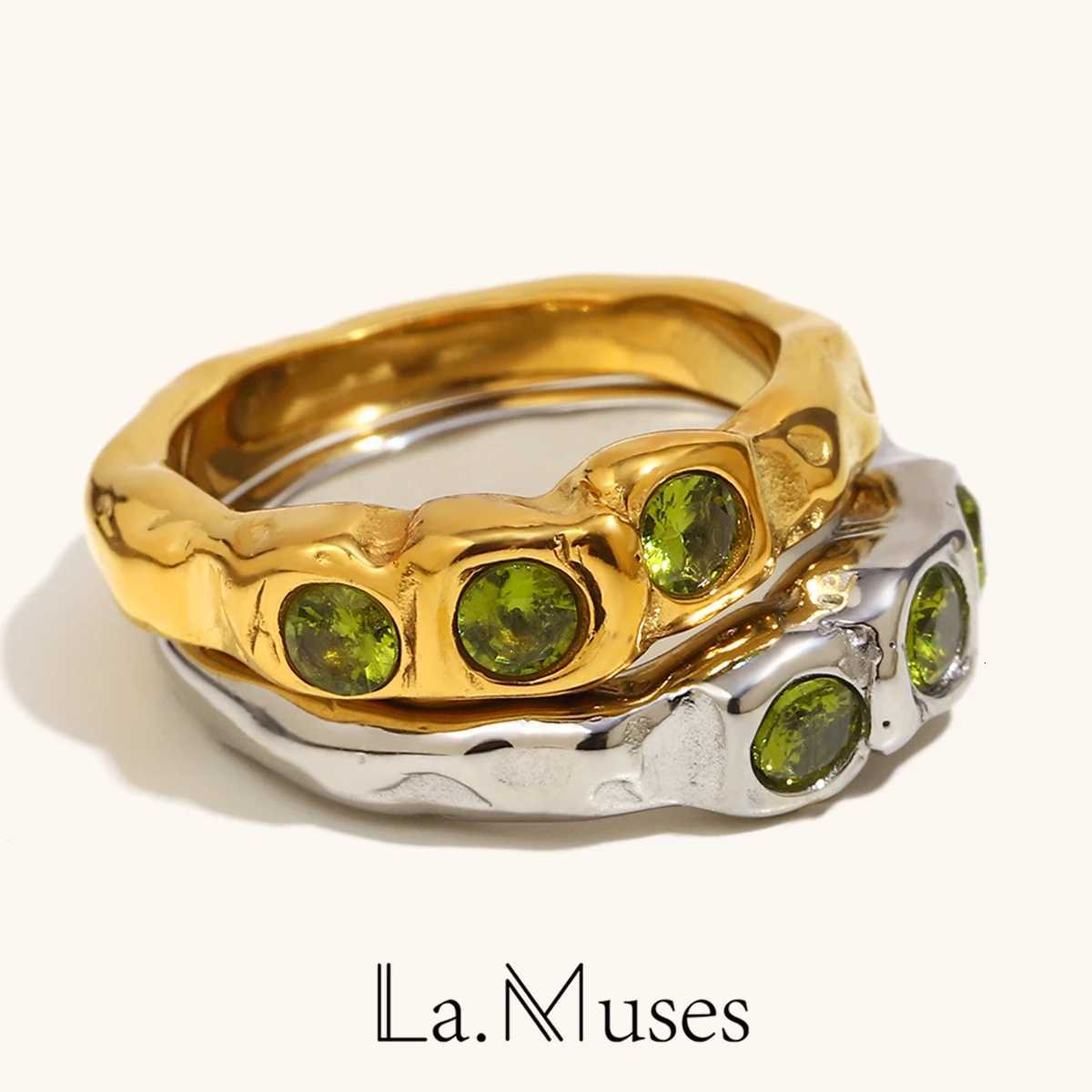 La Muses Three Green Zircon Stainless Steel Womens Ring PVD Gold Plated Trendy Daily Jewelry Accessories GiftXJ251031
