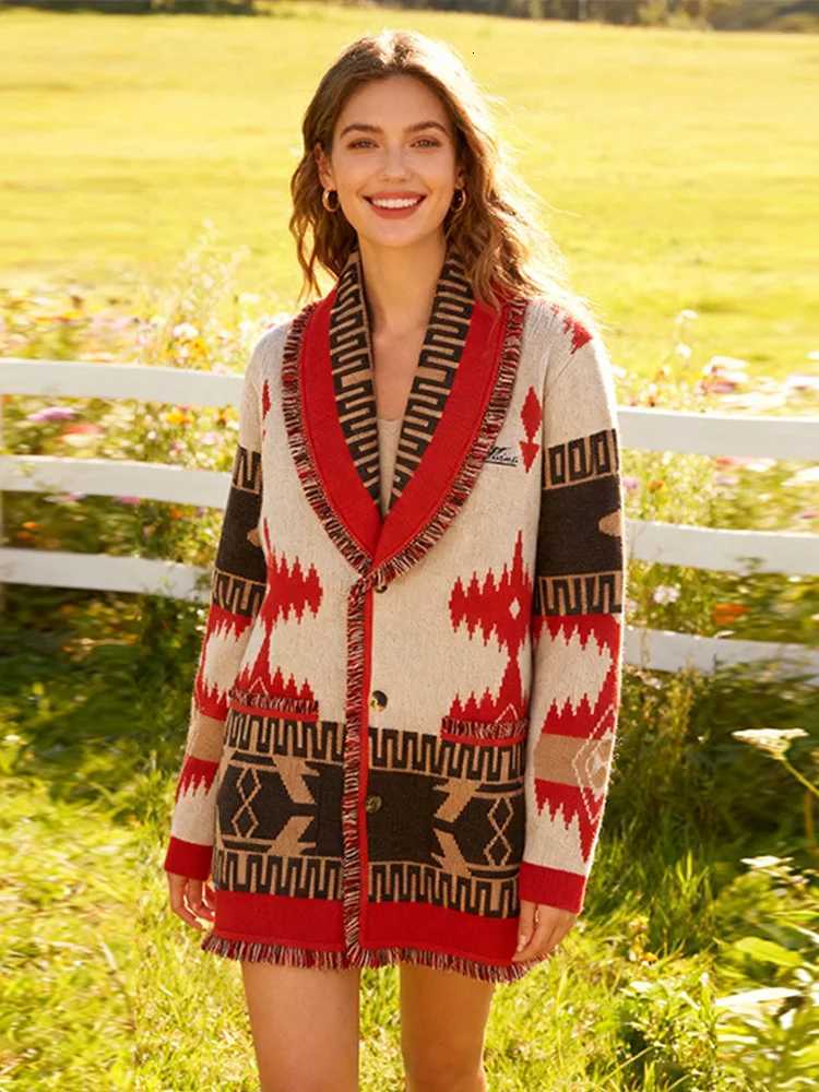 Print Knitted Tassel Short Sweater Women Vneck Full Sve Lace Up Cardigan 2025 Autumn Ele Female Daily Casual Outerwear W251031