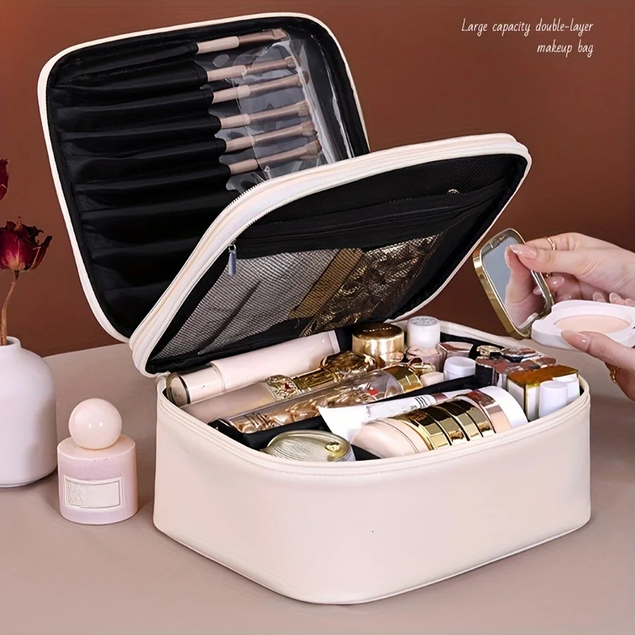 Large Capacity Cosmetic Bag Makeup Toiletries Organizer PU Leather Portable Travel Toiletry Pouch Women Makeup Storage Bag 251031