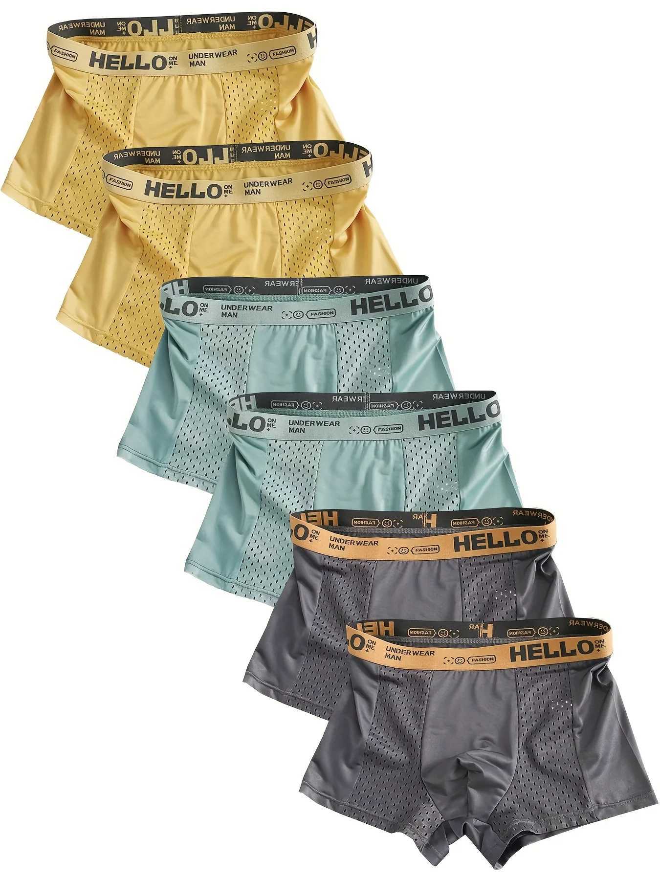 6Pack Mens Ice Silk SemiMesh Boxers HELLO Waistband Breathable VarietyT251031