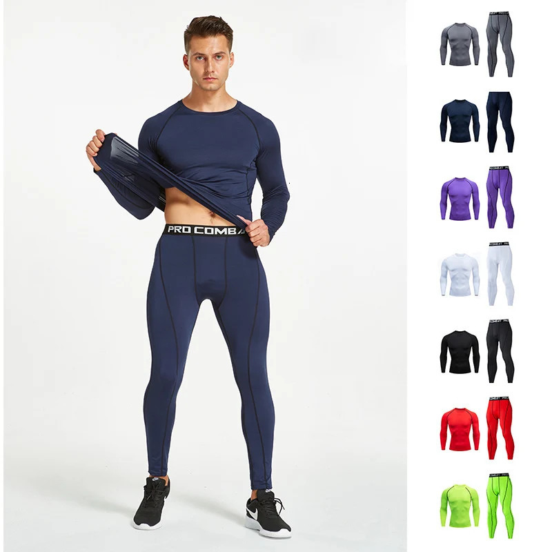 3 Pieces Men Compression Workout Set Spring Fall Athletic Running Baselayer Sets Long Sleeve Undershirt Leggings Pants Shorts 251031