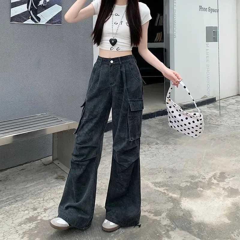 Womens Jeans Cargo Loose Fit Multiple Pockets Autumn Winter Streetwear American Retro Faded Camouflage Print Wide Leg Pants J251031