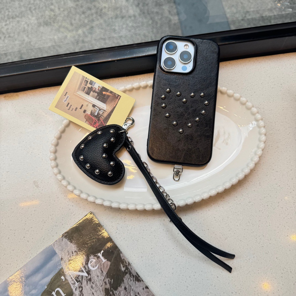 Leather Rivet Round Bead Heart Phone Case Compatible with iPhone 17/16P Personalized Heart Pendant iPhone 15/14