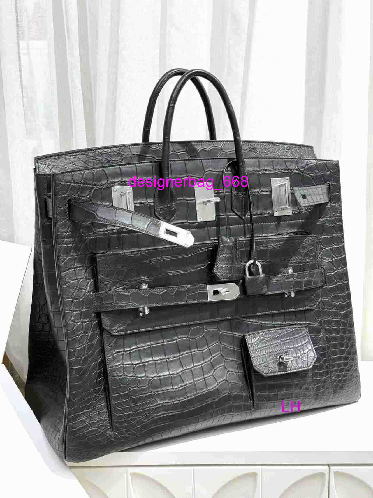 Designer Hac50cm Fashion Bag Matte Black Crocodile Leather Men's Silver Buckle Handbag Handly26