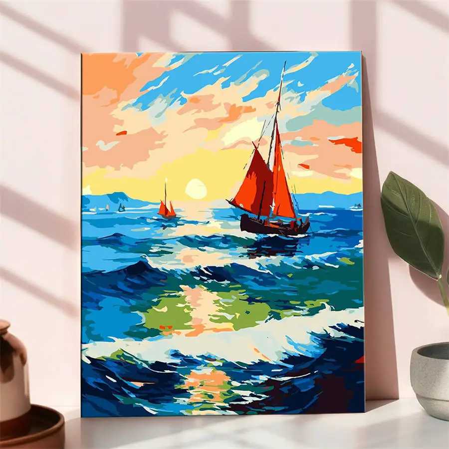 HUACAN Painting by Number Kits Sunset Sailboats Ocean Scenic Landscape Set DIY Oil Painting Scenery Artcraft Handpaint Decor C251031