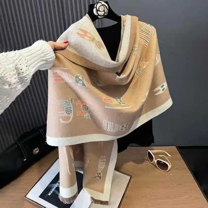 Cute cartoon cat doublesided doublewear faux cashmere womens winter thickened warm and coldproof scarf shawl for studentsW251030