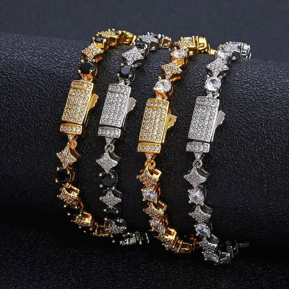 High Quality Round CZ Diamond Gold Silver Star Shape Tennis Chain Bracelet for Women Bling Hip Hop Fine Jewelry
