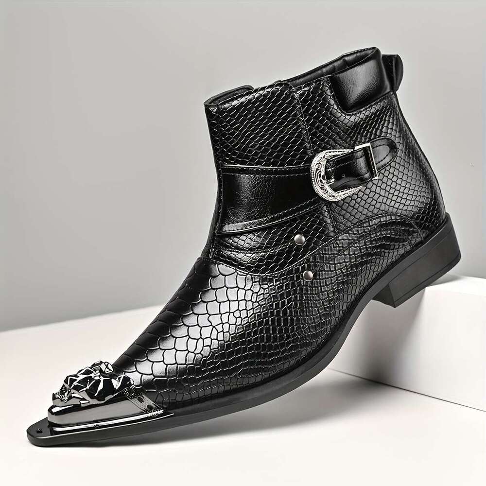 QRLQRL Men's Retro British Style Slip-On Ankle Boots With Metal Red Snakeskin-Like Chunky Heel Pointed Toe Short Boots, Rubber Sole For Parties,  - view 3