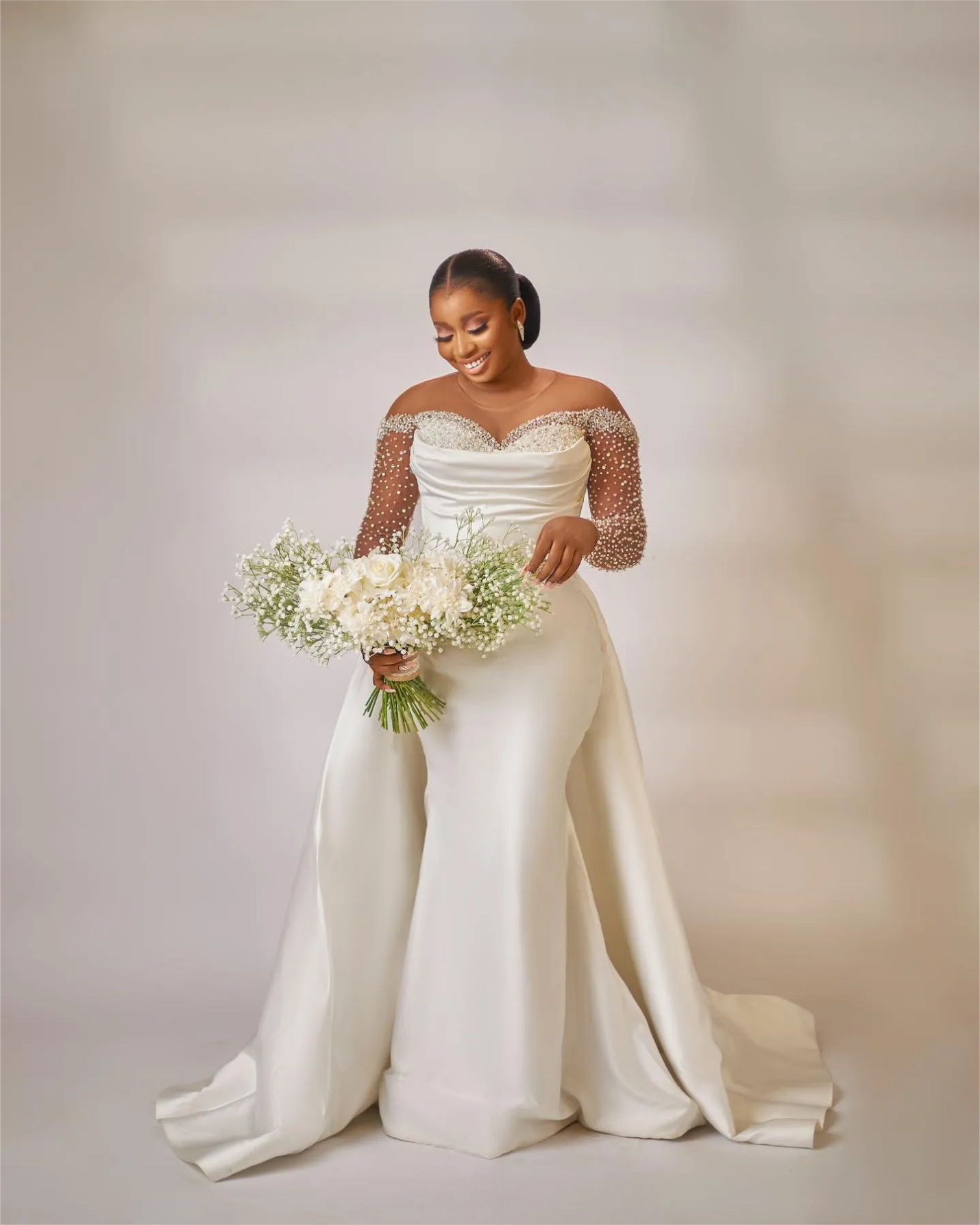 Ivory Mermaid Wedding Dresses Plus Size Beaded Crystals Detachable Train Bridal Gowns Dress