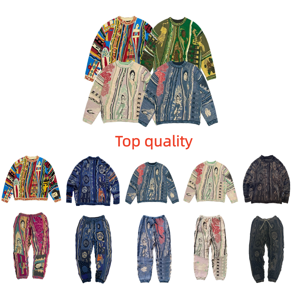 Kapital Vintage Men's Sweaters Top Quality National Characters Bitter Gourd Pattern Jacquard Japanese O Neck Pullover Knitwear Male Luxurious Des